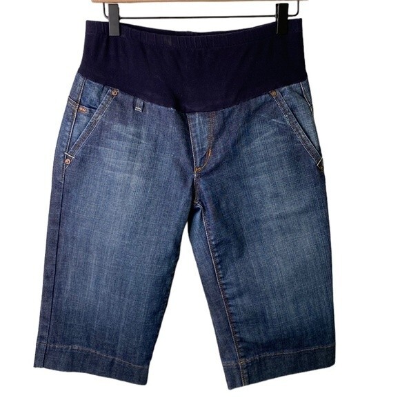 Joe's Jeans Maternity Ferrel Long Bermuda Distressed Jean Shorts Pull On Stretch - Picture 1 of 15